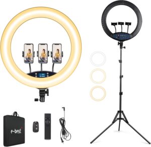 Stepless-Adjusted Brightness 19 inches Ring Light LCD Display Touch Screen Make up Selfie Light with Tripod Stand for TIKTOK Video YouTube VLOG Shooting Carry Bag Included.