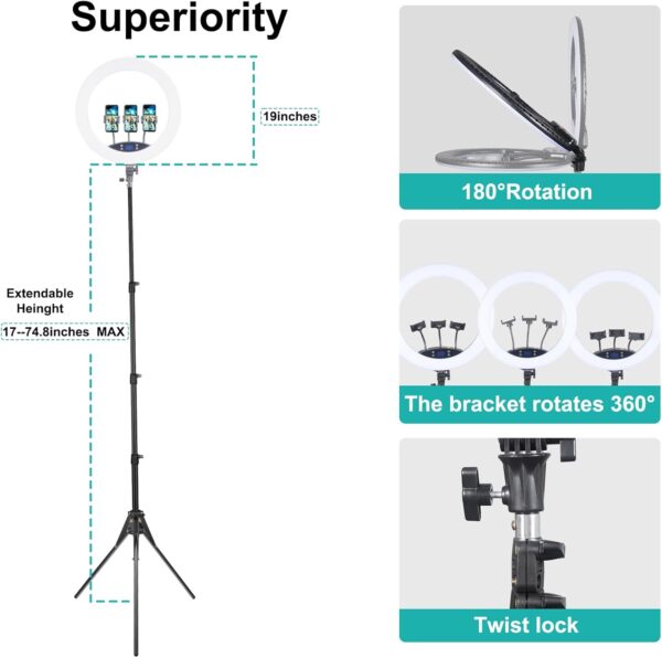Stepless-Adjusted Brightness 19 inches Ring Light LCD Display Touch Screen Make up Selfie Light with Tripod Stand for TIKTOK Video YouTube VLOG Shooting Carry Bag Included. - Image 4